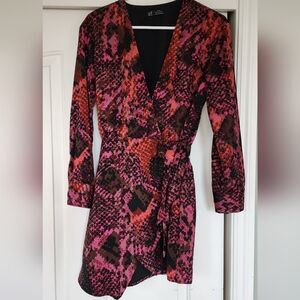 EUC- Zara pink, coral, brown, black Wrap Dress , Size XS